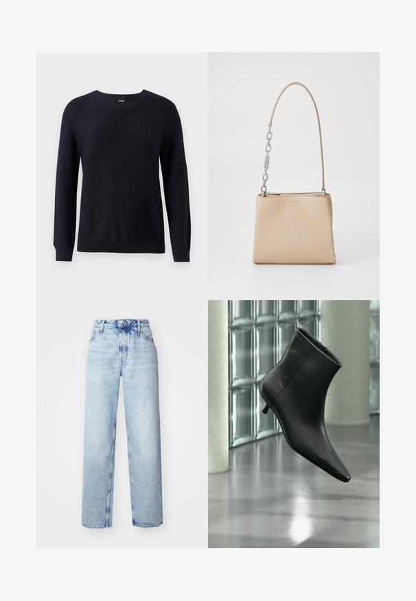 Marineblauwe gebreide trui met een ronde hals, lange mouwen en ribgebreide manchetten en zoom. Tekstuurpatroon door de stof heen.; Lichtblauwe high-waisted jeans met een losse pasvorm, met rechte pijpen, vijf zakken en een klassieke knoop- en ritssluiting.; Zwarte leren enkellaars met spits toelopende neus en lage kittenhak, schuin weergegeven tegen een gepolijste vloer en een glazen blokken muur als achtergrond.; Beige leren handtas met een gladde textuur, voorzien van een zilveren kettingaccent op het handvat en een ritssluiting. "HUGO" is op de voorkant hotstempeld.