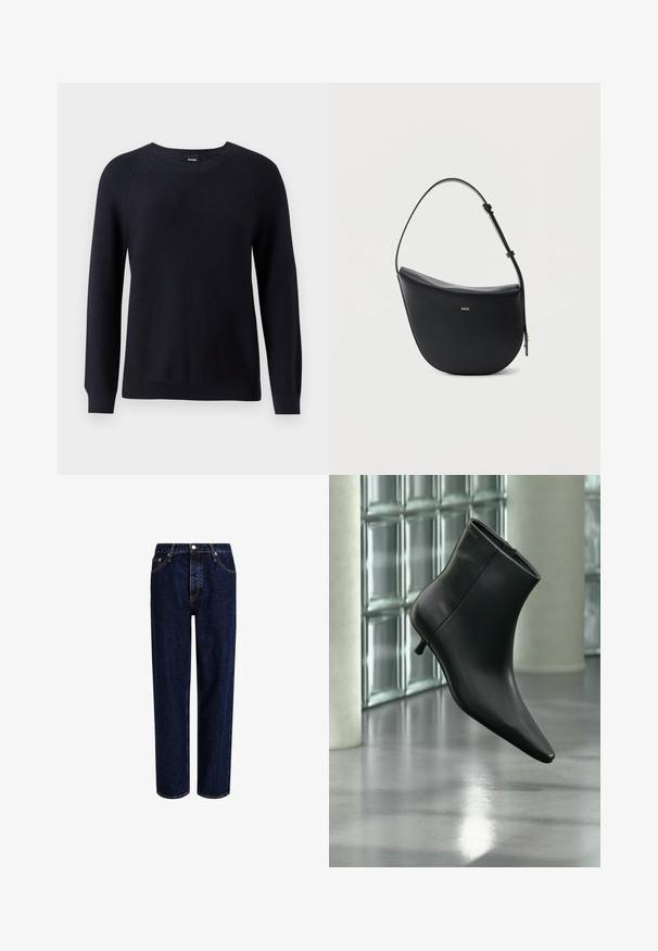 Marineblå strikket trøje med rund halsudskæring, lange ærmer og ribbede manchetter og kant. Struktureret mønster gennem stoffet.; Mørkeblå denim jeans med lige ben-design, der har høj talje, fem-lomme-stil og kontrastsyninger. Ingen dekorationer.; Sort læderankelstøvle med spids tå og lav kitten-hæ, vist vinklet mod en poleret gulv- og glasblokvæg.; Sort halv-måne skuldertaske i læder med justerbar rem og guld "BOSS"-logo centreret foran.