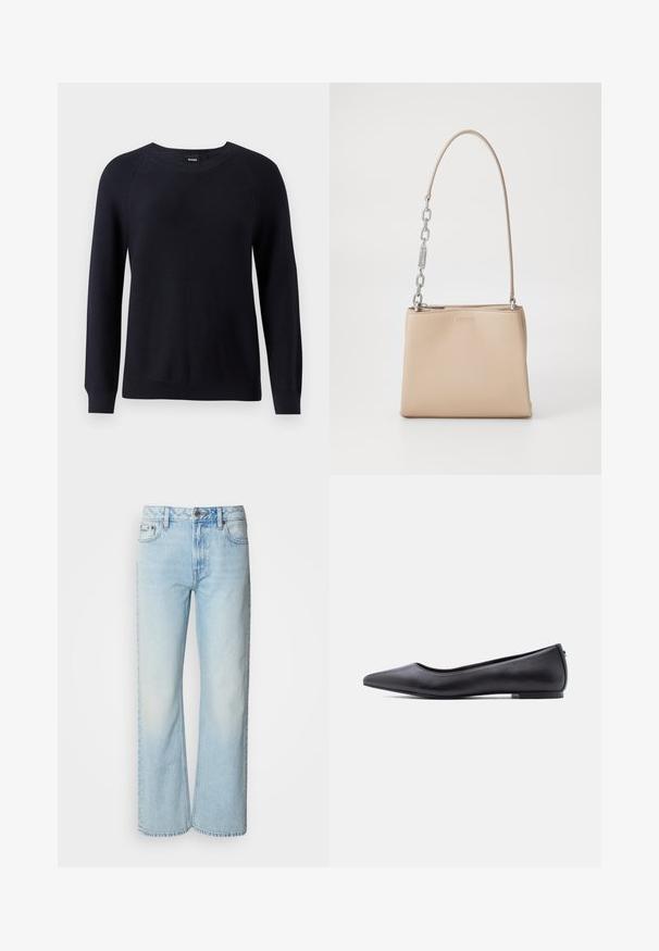 Pull en tricot marine avec un col rond, des manches longues et des poignets et un ourlet côtelés. Motif texturé sur l'ensemble du tissu.; Jeans à jambes larges bleu clair en denim, présentant un design classique à cinq poches et une texture légèrement décolorée. La couture en denim est visible.; Chaussure plate en cuir noire à bout pointu avec petit talon, vue de profil sur fond blanc.; Sac à main en cuir beige au toucher lisse, avec une accent en chaîne argentée sur la poignée et une fermeture éclair. "HUGO" embouti à l'avant.