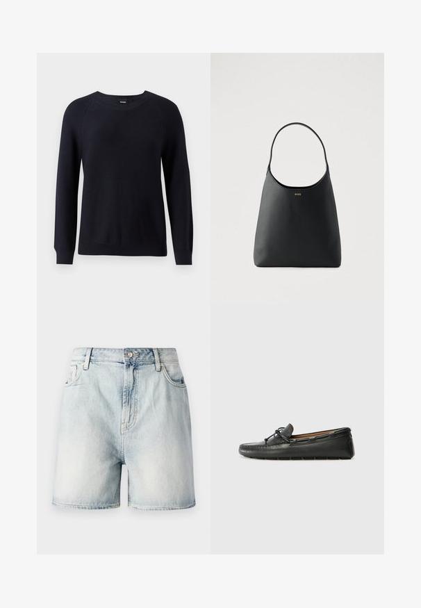 Marineblå strikket trøje med rund halsudskæring, lange ærmer og ribbede manchetter og kant. Struktureret mønster gennem stoffet.; Lyseblå denimshorts med knaplukning, fem lommer og en falmet struktur. Lige snit med et klassisk design.; Sorte læder bådsko med afrundet tå, stikninger, lille sløjfedetalje og gummisål. Glat tekstur og strømlinet design.; Sort læderhåndtaske med enkelt buet håndtag, glat tekstur og et diskret logo foran. Minimalistisk design og rummeligt indre.