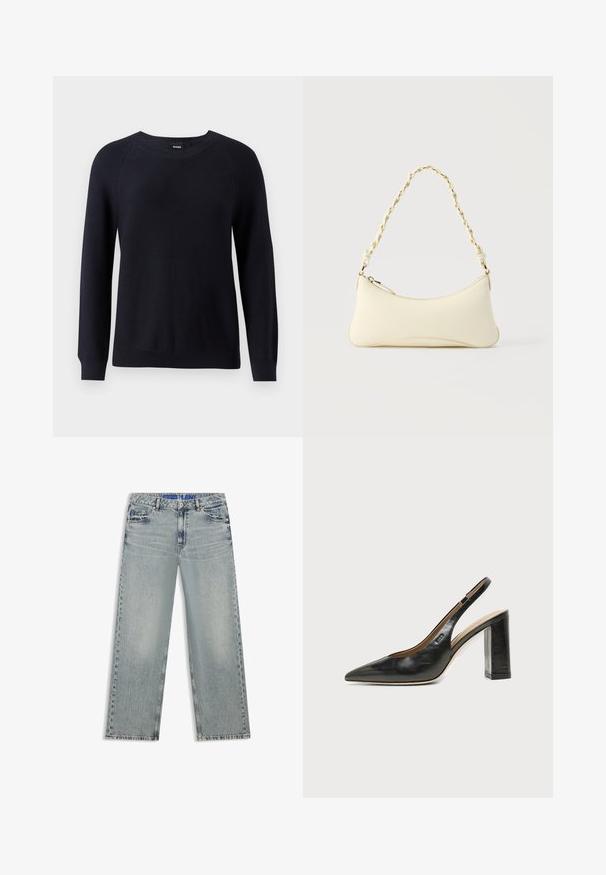 Marineblå strikket trøje med rund halsudskæring, lange ærmer og ribbede manchetter og kant. Struktureret mønster gennem stoffet.; Lyseblå jeans med vide ben lavet af denim, med udvaskede områder, fem lommer og en blå mærket taljebånd.; Sort læder peep-toe slingback sko med høj blokhæl og beige indvendig foring mod en ensfarvet lys baggrund.; Lille cremefarvet taske med en kurvet form og fletet guldfarvet kæde som håndtag, lynlås lukning på toppen