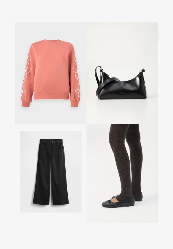 Sweat-shirt rose corail avec des motifs floraux blancs en lignes courant le long des deux manches, poignets, col et ourlet côtelés.; Pantalon noir à jambes larges en tissu léger et lisse. Il présente une fermeture à bouton, quatre poches et un design net et ajusté.; Jambes portant des leggings côtelés foncés associés à des ballerines noires avec de petits détails en nœud sur fond blanc.; Sac à main en cuir noir avec une texture lisse. Dispose d'une bandoulière adjustable et d'un design élégant et minimaliste avec une fermeture éclair.