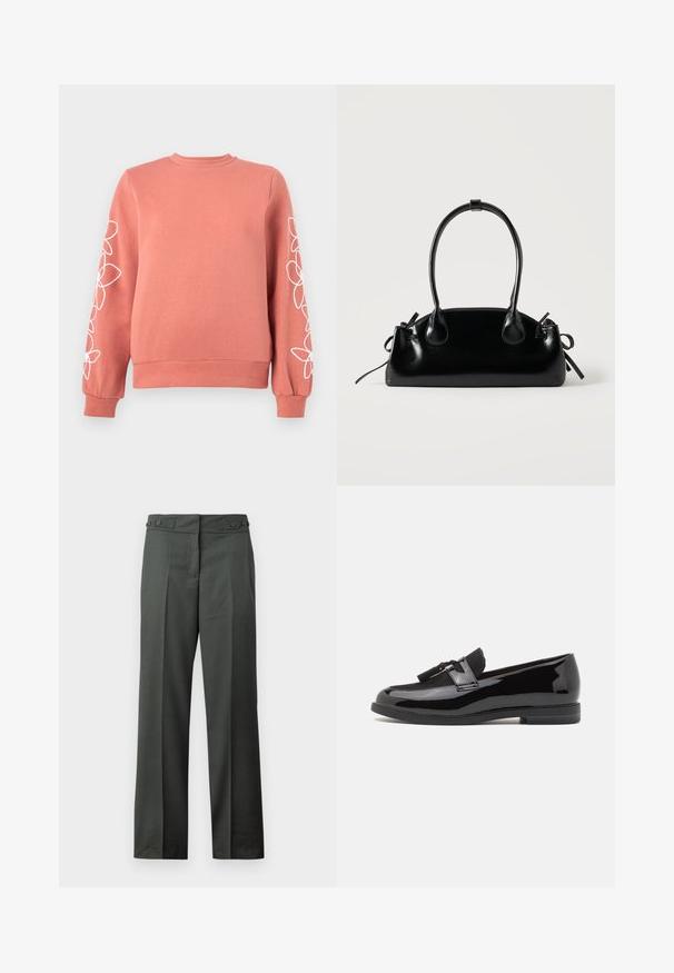 Sweat-shirt rose corail avec des motifs floraux blancs en lignes courant le long des deux manches, poignets, col et ourlet côtelés.; Pantalon droit gris foncé avec plis à l’avant et taille ajustable avec boutons latéraux sur fond blanc.; Mocassins en cuir verni noir avec un bout arrondi, une sangle décorative en daim noir et une semelle en caoutchouc plate. Texture lisse avec une finition brillante.; Petit sac à main noir brillant avec deux longues anses et des détails à cordon sur les côtés sur un fond clair uni.