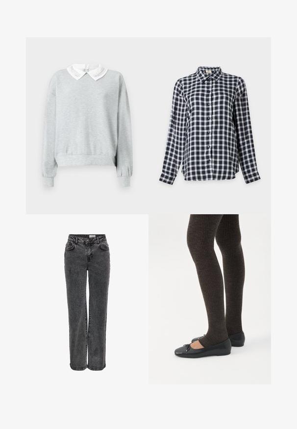 Sweatshirt gris avec un col blanc à rabat et des coutures décoratives. Manches longues avec des poignets élastiques et une coupe décontractée.; Chemise à carreaux noire, blanche et grise à manches longues avec boutons et col classique, affichée sur un fond clair uni.; Jeans en denim noir au design droit, avec poches avant, passants de ceinture et une texture légèrement délavée.; Jambes portant des leggings côtelés foncés associés à des ballerines noires avec de petits détails en nœud sur fond blanc.