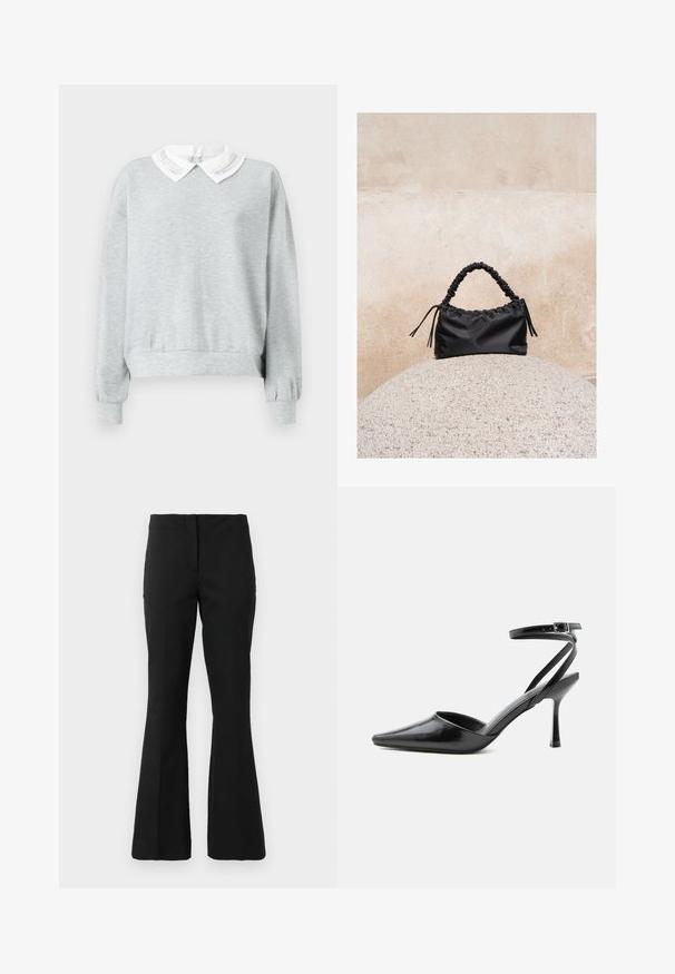 Sweatshirt gris avec un col blanc à rabat et des coutures décoratives. Manches longues avec des poignets élastiques et une coupe décontractée.; Pantalons noirs ajustés avec une taille haute et des jambes légèrement évasées, présentés sur un fond blanc uni.; Escarpin noir à bout pointu avec fines brides de cheville et fermeture à boucle argentée sur fond clair uni.; Sac à main noir froncé avec une poignée froncée, posé sur une sphère en pierre texturée devant un mur en béton beige.