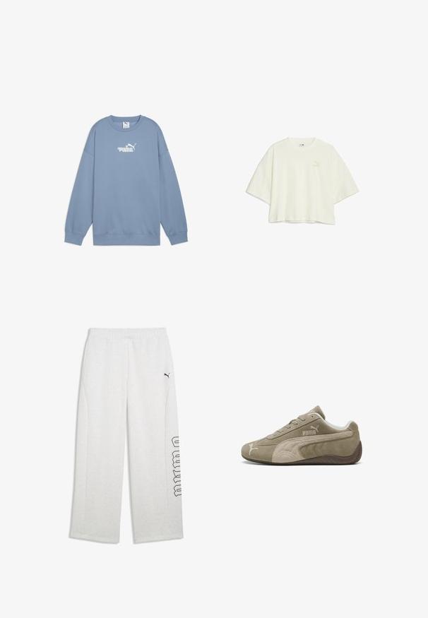 Hellblaues Sweatshirt aus weichem Stoff, mit Rundhals, langen Ärmeln und einem weißen Logo mit floralen Akzenten auf der Brust.; Helles cremfarbenes, kurzes T-Shirt aus weicher Stoffqualität, mit kurzen, weiten Ärmeln und einem dezenten Puma-Logo in passender Farbe auf der Vorderseite.; Hellgraue Sweatpants mit elastischem Bund, Seitentaschen, schwarzem Puma-Logo am linken Oberschenkel und schwarzer Umriss-Schrift am rechten Bein.; Wildledersneaker in Hellbraun mit dunkleren Akzenten, ausgestattet mit einem niedrigen Profil, Schnürverschluss und einem Markenlogo an der Seite.