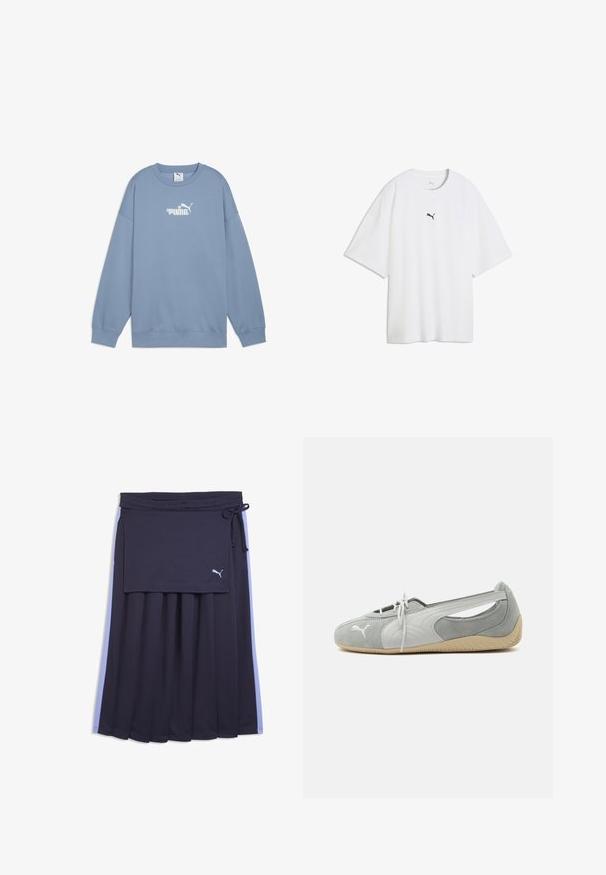 Lichtblauwe sweatshirt van zachte stof, met een ronde hals, lange mouwen en een wit logo met bloemenaccenten op de borst.; Wit oversized T-shirt met korte mouwen en een klein zwart Puma-logo midden op de borst.; Marineblauwe geplooide rok met lichtblauwe zijstrepen, een vastgehecht overslagpaneel, een taille met trekkoord en een klein wit Puma-logo op het paneel.; Lichtgrijze Puma suède platte schoen met wit logo, veters aan de voorkant, uitgesneden zijkanten en beige gestructureerde zool, gezien vanaf de buitenkant.