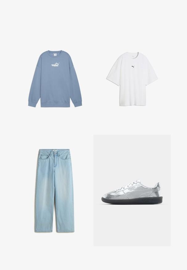 Lichtblauwe sweatshirt van zachte stof, met een ronde hals, lange mouwen en een wit logo met bloemenaccenten op de borst.; Wit oversized T-shirt met korte mouwen en een klein zwart Puma-logo midden op de borst.; Lichtblauwe hoge taille wijde jeans van denim materiaal, met vijf zakken, een rits en subtiele vervaging op de benen.; Zilveren sneakers met een gladde, reflecterende bovenkant, voorzien van zwarte rubberen zolen en een klassiek vetersluiting ontwerp. Puma-logo aan de zijkant.