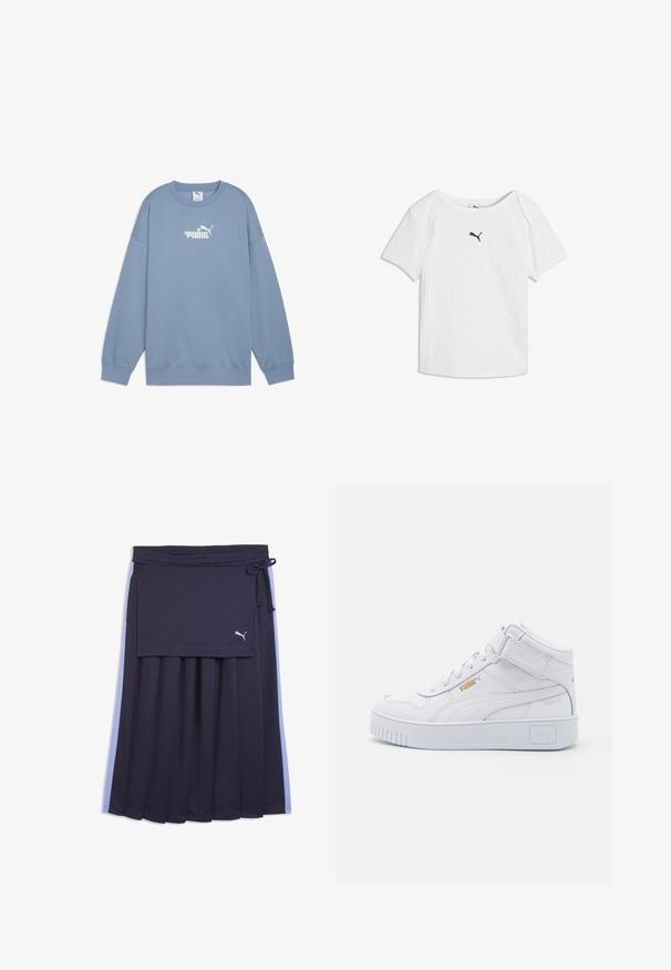 Hellblaues Sweatshirt aus weichem Stoff, mit Rundhals, langen Ärmeln und einem weißen Logo mit floralen Akzenten auf der Brust.; Weißes, geripptes Kurzarmshirt mit rundem Ausschnitt und kleinem schwarzem Puma-Logo in der Mitte der Brust.; Marineblaue plissierter Rock mit hellblauen Seitenstreifen, einem angebracht Wickelpanel, Kordelzug an der Taille und kleinem weißen Puma-Logo auf dem Panel.; Weiße High-Top-Sneaker aus glattem Lederobermaterial, mit flachen Schnürsenkeln, gepolstertem Schaft und strukturiertem Gummisohle mit Logo-Akzenten.