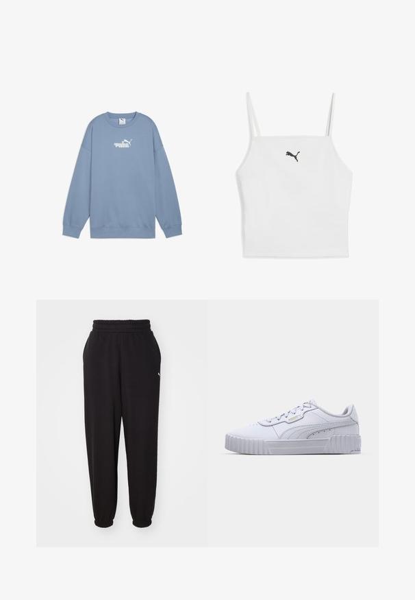 Hellblaues Sweatshirt aus weichem Stoff, mit Rundhals, langen Ärmeln und einem weißen Logo mit floralen Akzenten auf der Brust.; Weißes, geripptes Cropped-Top mit dünnen Trägern, das vorne in der Mitte ein kleines schwarzes Puma-Logo zeigt. Sanfte Textur, enganliegendes Design.; Schwarze Jogginghose aus weichem Stoff, mit einem gerippten Bund und elastischen Bündchen an den Knöcheln. Enthält ein kleines Logo-Detail an der Seite.; Weiße Leder-Sneaker mit niedrigem Schaft, runder Zehenpartie, Schnürverschluss, strukturiertem Mittelsohle und goldenem Logo-Akzent an der Seite.