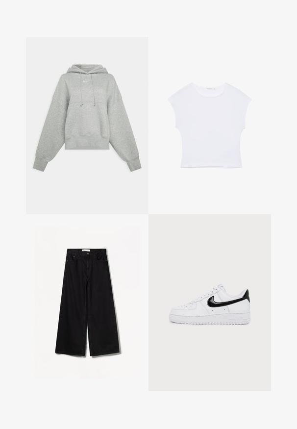 Grå cropped hoodie lavet af blødt materiale. Har en justerbar hætte med snoretræk, brede ærmer og et lille logo på forsiden.; Hvid kortærmet cropped T-shirt med rund halsudskæring, lavet af glat stof, lagt fladt på en hvid baggrund.; Sorte bredbenede jeans lavet af denim. Har en høj talje, for- og baglommer samt sølvfarvet hardware på knap- og lynlåslukningen.; Hvid lavtop sneaker med sort Nike-swoosh og hældetalje, snøredesign og perforeret tå på en ensartet lys baggrund.