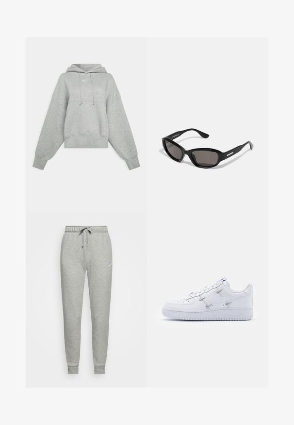 Grå cropped hoodie lavet af blødt materiale. Har en justerbar hætte med snoretræk, brede ærmer og et lille logo på forsiden.; Grå sweatpants lavet af blødt stof, med elastisk talje og snørebånd, ribbede manchetter og et lille logo på venstre lår.; Nike Sportswear AIR FORCE 1 - Sneakers - white/hyper royal/black; Sorte solbriller med rektangulært stel, mørke linser, glat plastmateriale og en metalaccent på templet.