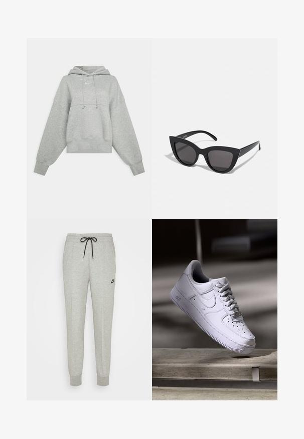 Grijze cropped hoodie van zacht materiaal. Heeft een verstelbare trekkoordcapuchon, brede mouwen en een klein logo op de voorkant.; Grijze sweatpants van zacht materiaal, met een elastische tailleband, zwarte trekkoord en een klein zwart Nike-logo op de linker bovenbeen.; Witte Nike Air Force 1 sneaker die zweeft boven een betonnen oppervlak met schaduwen in een minimalistische setting.; Zwarte cat-eye zonnebril met een matte afwerking, voorzien van grijs getinte glazen, scherpe hoeken en slanke zijarmen. Merkennaam zichtbaar op de binnenarm.