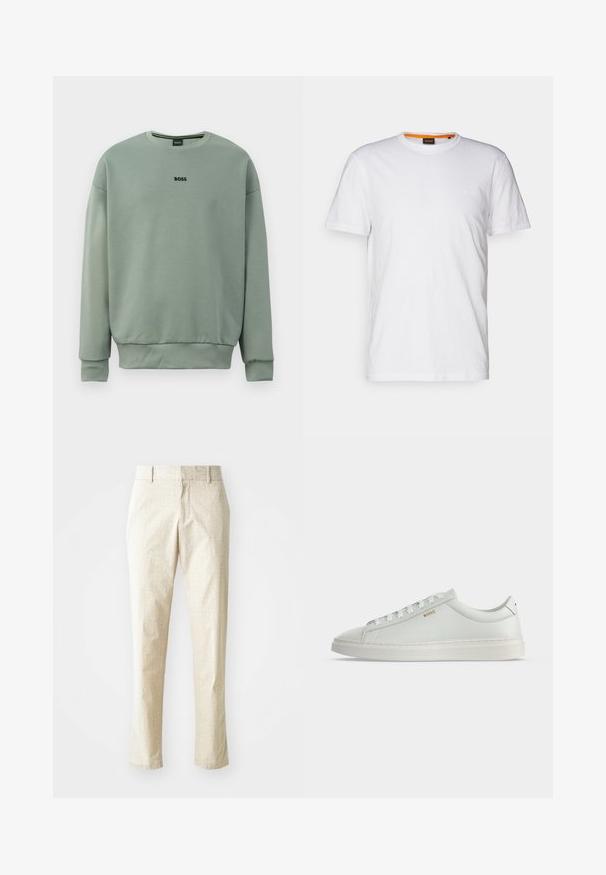 Sweatshirt vert menthe en tissu doux doté d'un col rond, de poignets côtelés et du logo "BOSS" brodé en noir à l'avant.; T-shirt en coton blanc avec un col rond, des manches courtes et un logo en relief subtil sur la poitrine. L'étiquette intérieure a une touche d'orange.; Pantalons ajustés beige clair avec un motif texturé, coupe droite, et taille mi-haute, dotés de passants de ceinture et sans poches visibles.; Baskets basses blanches en cuir avec lacets, semelle plate et petit logo doré "BOSS" sur le côté, vues de l'extérieur.