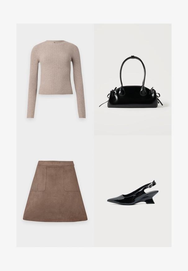 Pull long à manches longues beige côtelé avec un col rond et une silhouette ajustée, présenté sur un fond blanc uni.; Jupe A-line en suède marron avec une texture lisse, dotée de deux poches avant et d'une taille sans couture, conçue pour une longueur au-dessus du genou.; Chaussure slingback en cuir verni noir avec bout pointu et petit talon bloc incliné sur fond clair uni.; Petit sac à main noir brillant avec deux longues anses et des détails à cordon sur les côtés sur un fond clair uni.