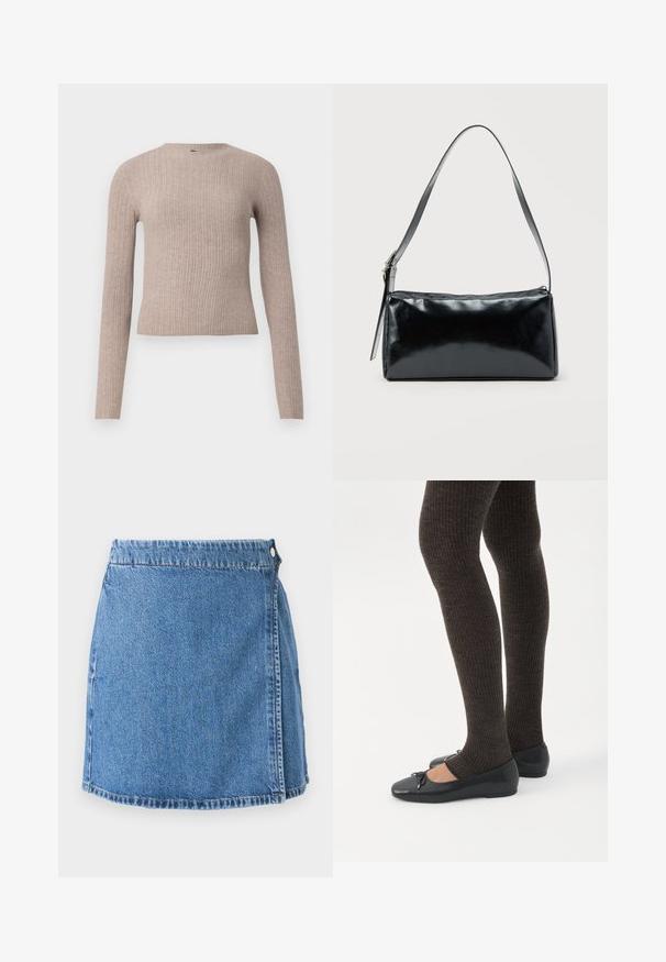 Pull long à manches longues beige côtelé avec un col rond et une silhouette ajustée, présenté sur un fond blanc uni.; Mini-jupe en denim avec une teinture bleue, dotée d'un rabat frontal, de deux boutons en métal et de coutures visibles le long de l'ourlet et des bords.; Jambes portant des leggings côtelés foncés associés à des ballerines noires avec de petits détails en nœud sur fond blanc.; Sac d'épaule rectangulaire noir avec une sangle réglable unique et une fermeture éclair supérieure sur un fond uni.