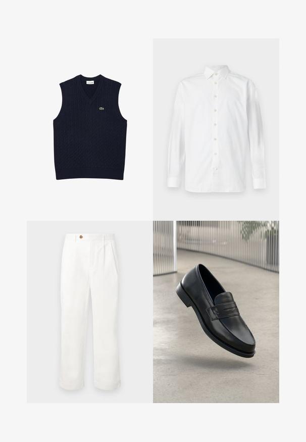 Lacoste Pullover - bleu marine vert; Chemise blanche à manches longues avec boutons, col à l'italienne et poignets boutonnés, présentée sur un fond blanc uni.; Pantalon en coton blanc à coupe droite, avec deux plis à l'avant, une fermeture à un bouton et des poches latérales. Texture lisse.; Mocassin en cuir noir à texture lisse, bout pointu et bande décorative sur le cou-de-pied. Semelle légère, design minimaliste.