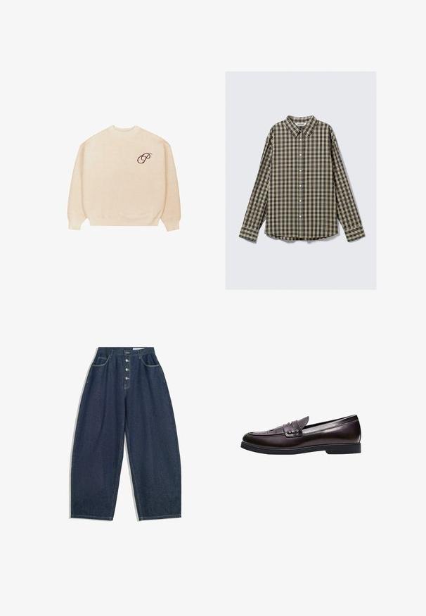 Beige crewneck sweater med lange ærmer og ribbede manchetter, med en lille mørk broderet skrifttype "P" på venstre bryst.; Langærmet skjorte med knapper, der har et ternet mønster i mørkeblå, beige og sort, med spread krave og rundet kant.; Mørkeblå denim bukser med brede ben og høj talje, fem knaplukninger og fem lommer. Har stikninger som accent på sømmene.; Mørkebrun læderloafer med lav hæl, syninger på tåen og en dekorativ rem over vristen.