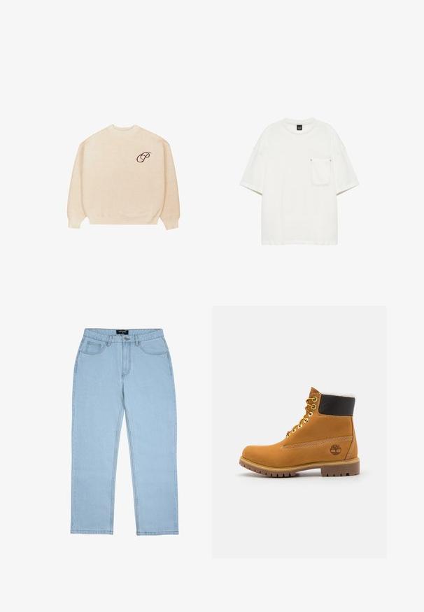 Beige crewneck sweater med lange ærmer og ribbede manchetter, med en lille mørk broderet skrifttype "P" på venstre bryst.; Enkelt hvid T-shirt med korte ærmer, rund hals og en enkelt lomme på venstre bryst side mod en hvid baggrund.; Lys blå jeans med lige ben, forlommer, bæltestropper, knaplukning og synlige syningsdetaljer.; Brune læder ankelstøvle med metaløjer, hvid pelsforing, sort polstret krave, robust sål og præget logo på siden.