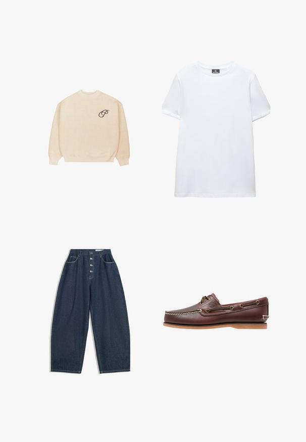 Beige crewneck sweater med lange ærmer og ribbede manchetter, med en lille mørk broderet skrifttype "P" på venstre bryst.; Simpel hvid t-shirt med korte ærmer og rund halsudskæring med en sort Pull&Bear mærkat indeni kraven, vist på en hvid baggrund.; Mørkeblå denim bukser med brede ben og høj talje, fem knaplukninger og fem lommer. Har stikninger som accent på sømmene.; Brun læder bådsko med hvide sømme, snøre detaljer og lysbrun gummisål, vist fra siden på hvid baggrund.