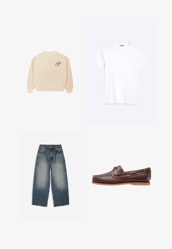 Pull en beige à col rond avec des manches longues et des bords côtelés, arborant un petit script brodé en noir "P" sur la poitrine gauche.; T-shirt blanc uni à manches courtes et col rond avec une étiquette de la marque WEEKDAY visible au niveau du col, présenté sur un fond clair.; Jean en denim bleu à jambes larges avec devant délavé, design cinq poches, passants de ceinture et fermeture par bouton, posé à plat sur fond blanc.; Chaussure bateau en cuir marron avec coutures blanches, détails de lacets et semelle en caoutchouc beige, vue de côté sur fond blanc.