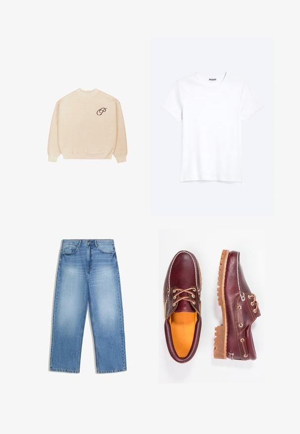 Pull en beige à col rond avec des manches longues et des bords côtelés, arborant un petit script brodé en noir "P" sur la poitrine gauche.; T-shirt blanc uni à manches courtes et col rond avec une étiquette de la marque WEEKDAY visible au niveau du col, présenté sur un fond clair.; Jean en denim bleu clair avec une taille haute, des jambes droites et larges, des poches avant et une fermeture par bouton.; Chaussures en cuir bourgogne avec semelles en caoutchouc marron, bout rond, couture blanche et œillets dorés. L'intérieur présente une doublure jaune.