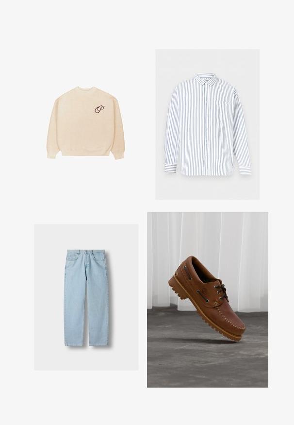 Beige crewneck sweater med lange ærmer og ribbede manchetter, med en lille mørk broderet skrifttype "P" på venstre bryst.; Hvid skjorte med lange ærmer og blå lodrette striber samt en brystlomme, vist på en ensartet lys grå baggrund.; Lyseblå lige denimjeans med forlommer, bæltestropper og knaplukning på en grå baggrund.; Brun læder bådsko med sorte snørebånd, beige syninger og en robust sål, hængende over en grå betongulv.