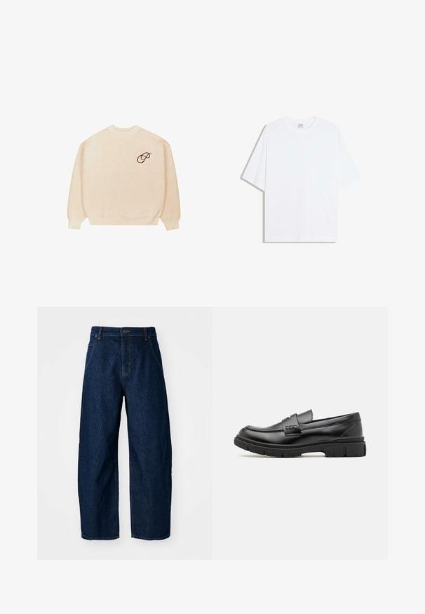 Beige crewneck sweater med lange ærmer og ribbede manchetter, med en lille mørk broderet skrifttype "P" på venstre bryst.; Hvid oversized bomulds t-shirt med rund hals og korte ærmer; glat tekstur, uden synlige mønstre eller accenter.; Bredde ben mørk denim jeans med høj talje, som har fem lommer, knaplukning foran og synlige syninger.; Sort læder loafersko med en bred rem over forfoden, gummisål med tykke mønstre og glat overflade. Klassisk, slankt design.
