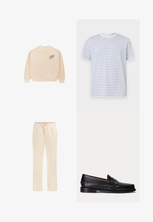Beige crewneck sweater med lange ærmer og ribbede manchetter, med en lille mørk broderet skrifttype "P" på venstre bryst.; Hvid T-shirt med korte ærmer med tynde, jævnt fordelt sorte vandrette striber og rund halsudskæring vist på en ensfarvet baggrund.; Beige joggers lavet af blødt stof med elastisk talje, snøre og sidelommer. Lige ben design med en glat tekstur.; Sort læderloafer med lav hæl og pennyremdetalje, vist fra siden på en lysegrå baggrund.