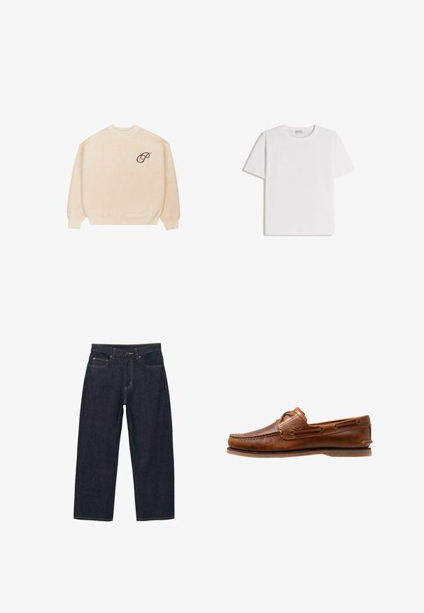 Pull en beige à col rond avec des manches longues et des bords côtelés, arborant un petit script brodé en noir "P" sur la poitrine gauche.; T-shirt en coton blanc avec un col rond et des manches courtes. Présente une coupe classique et carrée, sans motifs ni accents visibles.; Pantalon en denim bleu foncé à coupe ample, avec des coutures dorées, une fermeture avant par boutons, et deux poches latérales.; Chaussures bateau en cuir marron avec des accents cousus, présentant des œillets en métal, une couture surélevée sur le bout et une semelle plate en caoutchouc.
