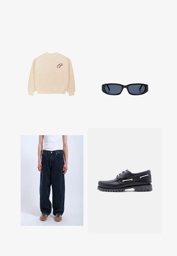 Beige crewneck sweater med lange ærmer og ribbede manchetter, med en lille mørk broderet skrifttype "P" på venstre bryst.; Mørkeblå, bredbenede jeans med synlige syninger og frontlommer. Parret med brune sneakers, har stoffet en tekstureret overflade.; Sort læder bådsko med syningsdetaljer, gummisål med greb og metalhuller med hvide snørebånd. Logo på siden som accent.; Sorte, rektangulære solbriller med mørketonede linser på en hvid baggrund, vist forfra.