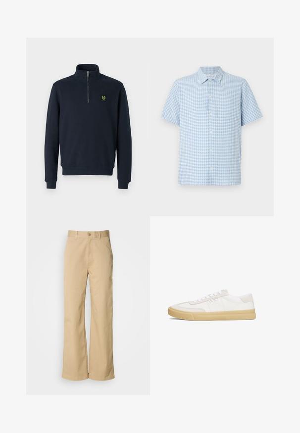 Marineblaues Zip-Pullover aus weichem Stoff, mit hohem Kragen, gerippten Bündchen und einem kleinen grünen Logo-Patch auf der Brust.; Hellblaues und weißes Kurzarmhemd mit kleinem Karomuster und klassischem Kragen auf weißem Hintergrund.; Beige, weit geschnittene Hosen aus einer Baumwollmischung. Mit einem Knopfverschluss und Gürtelschlaufen. Glatte Textur mit minimalen Nähten.; Weiße Sneaker aus Leder und Wildleder, mit einem Schnürdesign, einer hellbraunen Gummisohle und einem kleinen Logo an der Seite.