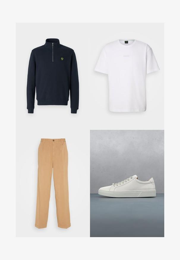 Marine blauwe rits-trui van zacht materiaal, met een hoge kraag, ribgebreide manchetten en een klein groen logo op de borst.; Witte katoenen T-shirt met korte mouwen, ronde halslijn en reliëf 'BOSS' logo op de borst. Veilig textuur, standaard pasvorm.; Beige wijde broek van zacht materiaal, voorzien van twee voorzakken, een knoopsluiting en plooidetails langs de benen.; Witte leren sneaker met een ronde neus, minimalistisch ontwerp, grijze veters en een gestructureerde grijze rubberen zool. Fijne stikdetails zichtbaar.