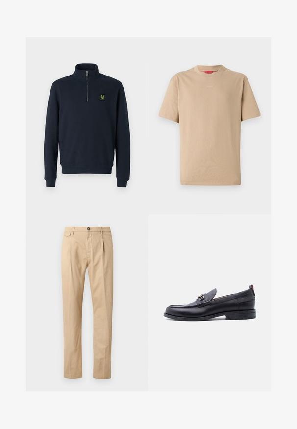 Marineblaues Zip-Pullover aus weichem Stoff, mit hohem Kragen, gerippten Bündchen und einem kleinen grünen Logo-Patch auf der Brust.; Beige Baumwoll-T-Shirt mit kurzen Ärmeln, Rundhalsausschnitt und dezentem "HUGO"-Logo in der Mitte. Angenehme Textur, legerer Schnitt.; Beige Baumwollhosen für Herren im Straight-Leg-Schnitt mit Fronttaschen, Gürtelschlaufen, Knopfverschluss und Reißverschluss auf einem weißen Hintergrund.; Schwarzer Lederloafer mit grauem, strukturiertem Vorderblatt, silberner Metallschnalle, niedrigem Absatz und Zuglasche hinten.