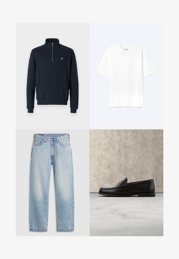 Marineblå zip-up sweatshirt lavet af blødt stof, med høj krave, ribbede manchetter og et lille grønt logo-patch på brystet.; Enkel hvid T-shirt med korte ærmer og rund hals med afslappet pasform, vist på en lys baggrund.; Lyseblå lige jeans med fem lommer, metalknaplukning og falmede detaljer ved lårene og knæene, lagt fladt på hvid baggrund.; Sort læder penny loafer med lav hæl, rundet tå og syningsdetaljer langs fronten og siderne, vist på neutral baggrund.