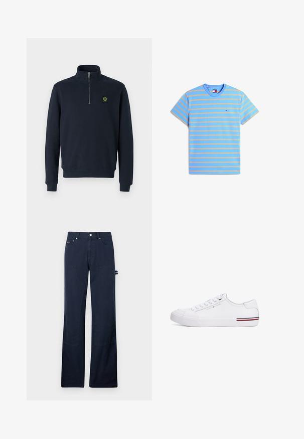 Sudadera con cremallera en color navy, fabricada en tejido suave, con un alto cuello, puños de canalé y un pequeño parche con logo verde en el pecho.; Camiseta azul de manga corta con finas rayas horizontales naranjas y un pequeño logo de la bandera Tommy Hilfiger en el pecho izquierdo.; Pantalones de algodón azul marino con piernas rectas, que cuentan con bolsillos frontales, detalles de costura y un lazo lateral para sujetar herramientas.; Zapatilla blanca con un upper sintético suave, puntera redondeada, parte delantera con cordones y detalle del logo. Presenta un acento de rayas multicolores en la suela.