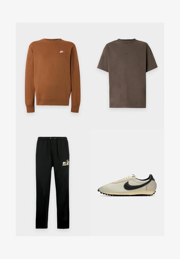 Καφέ φούτερ Nike με μακρύ μανίκι και στρογγυλή λαιμόκοψη και μικρό λευκό λογότυπο στο αριστερό μέρος του στήθους, εμφανίζεται σε απλό ανοιχτό γκρι φόντο.; Καφέ κοντομάνικη μπλούζα Nike με στρογγυλή λαιμόκοψη και μικρό κεντητό λογότυπο στο κέντρο του στήθους, σε λευκό φόντο.; Μαύρη φόρμα κατασκευασμένη από μαλακό ύφασμα, με ελαστική μέση και κορδόνια, στενά μπατζάκια και χρυσή κεντημένη στάμπα "nike".; Μπεζ καμβαδίνη αθλητικά με μαύρες δερμάτινες λεπτομέρειες, στρογγυλή μύτη, επίπεδη μαύρη σόλα και λευκές κορδόνες. Διαθέτει έντονο μαύρο λογότυπο.