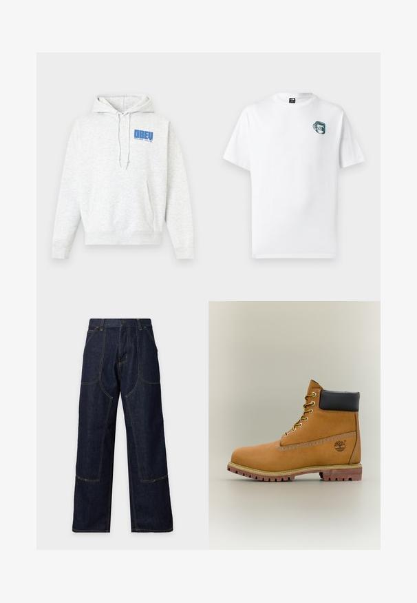 Light gray hoodie made from soft fabric, featuring a front kangaroo pocket and blue graphic text on the left chest. Adjustable drawstring hood.; White short-sleeve T-shirt with small green cup graphic and "The North Face" logo on the left chest.; Dark blue wide-leg denim pants with contrast stitching, front patch pockets, and a button closure at the waist.; Brown leather ankle boot with black collar, yellow laces, and tan sole. Features logo and white stitching detail. Rugged traction outsole.