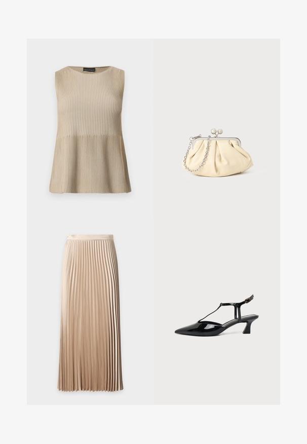 Haut beige sans manches en maille côtelée avec encolure ronde et ourlet évasé, présenté sur un fond blanc.; Jupe midi plissée beige taille haute avec une ceinture lisse et des plis verticaux étroits régulièrement espacés.; Chaussure slingback en cuir verni noir à bout pointu avec bride en T et petit talon bloc incliné sur fond blanc.; Pochette en cuir beige plissé avec un cadre en métal argenté, dotée de deux fermoirs ronds décoratifs et d'une chaîne en argent.