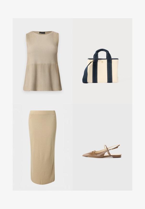 Μπλουζάκι χωρίς μανίκια σε μπεζ ριμπ ύφανση με στρογγυλή λαιμόκοψη και φαρδιά βάση, σε λευκό φόντο.; Μπεζ midi φούστα με ίσια γραμμή, λεία υφή και εφαρμοστή ψηλή μέση.; Καφέ δερμάτινα slingback παπούτσια με μυτερή μύτη, δύο στενές λωρίδες και χαμηλό τακούνι. Λείος υφής με γυαλιστερό φινίρισμα.; Μικρή μπεζ τσάντα ώμου με σκούρες μπλε λαβές και ιμάντα, χρυστό φερμουάρ και διακοσμητικό ράψιμο.