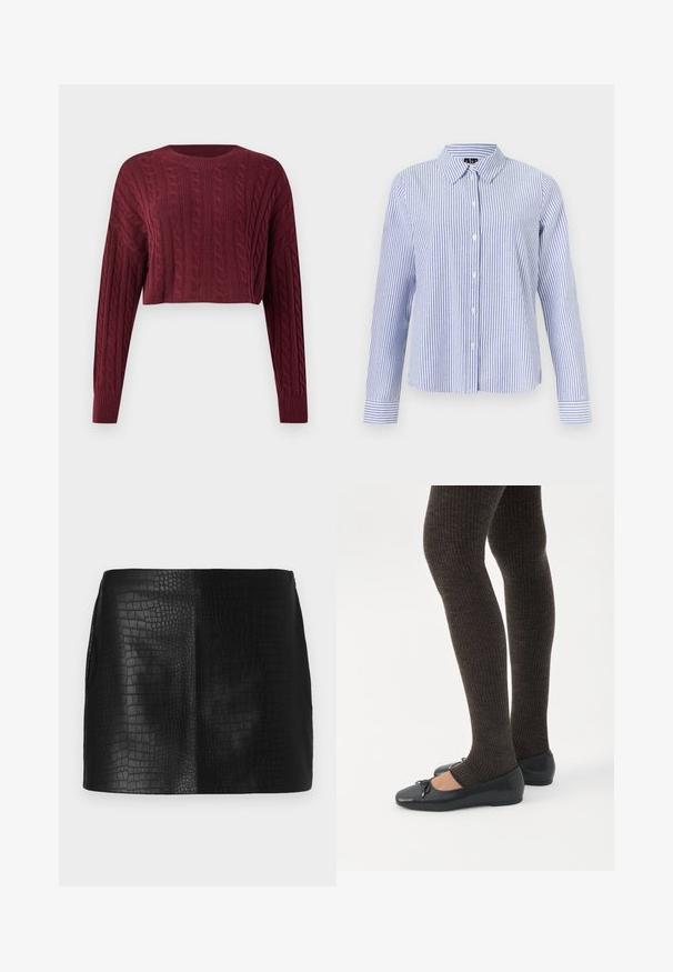 Bordeaux cropped sweater med et kabelstrik mønster, lange ærmer og ribkantet halsudskæring og manchetter, der viser tekstureret stof.; Langærmet skjorte med knapper med hvide og lyseblå lodrette striber og en spids krave vist på en ensfarvet baggrund.; Sort faux læder mini nederdel med et struktureret krokodillemønster, der har en glat overflade og skræddersyet pasform uden synlig hardware.; Ben iført mørke ribbede leggings kombineret med sorte balletsko med små sløjfedetaljer på hvid baggrund.