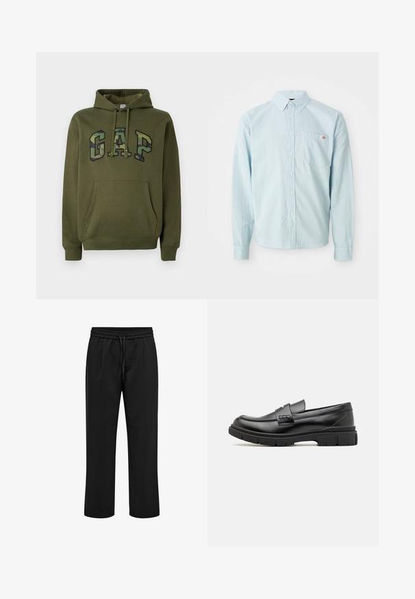 Oliivinvihreä huppari, jossa on etupäivä tasku, säädettävä huppu ja "GAP"-logo camouflage-kuvassa rinnassa.; Vaaleansininen pitkähihoinen napinläpikangas, jossa on napitettava kaulus ja rintatasku, jossa on pieni punavalkoinen logo-ommel.; Musta rento housu, jossa joustava vyötärö ja kiristysnauha, suorat lahkeet ja etuvoldit.; Musta nahkainen loaferi, jossa on leveä hihna vampin poikki, kumipohja paksuilla kureilla ja sileä pinta. Klassinen, tyylikäs muotoilu.