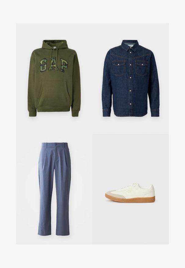 Sudadera verde oliva con bolsillo canguro frontal, capucha con cordones y logotipo "GAP" en estampado de camuflaje en el pecho.; Camisa de manga larga de mezclilla azul oscuro con cuello puntiagudo, cierre frontal con botones y dos bolsillos en el pecho con solapa y botones a presión.; Pantalones azul marino con pinzas, de corte recto, fabricados en tela ligera, con un cierre frontal de un solo botón y trabillas para el cinturón.; Zapatilla de cuero blanca con puntera beige y suela de goma marrón claro. Presenta cordones planos blancos y una marca en relieve en el lateral.