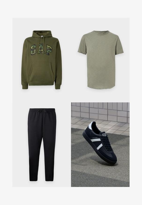 Olijfgroene hoodie met een voorste buidelzak, trekkoord capuchon en het "GAP" logo in camouflageprint over de borst.; Effen T-shirt met korte mouwen en ronde hals in gedempt olijfgroen, met een subtiele textuur, op een witte achtergrond.; Zwarte taperende joggers van zachte stof, met een elastische tailleband met trekkoord, boordjes aan de enkels en zonder zakken.; Zwarte leren sneaker met witte strepen, een gestructureerde rubberen zool en vetersluiting aan de voorkant. Voorzien van een merklabel op de tong.