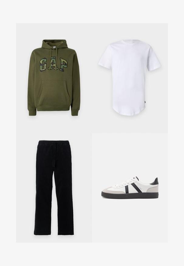 Olivengrøn hættetrøje med frontkangaroo-lomme, snoretræk i hætten og "GAP" logo i camouflageprint på brystet.; Hvid kortærmet t-shirt lavet af bomuld. Rund halsudskæring med en buet kant. Etiket synlig på nederste venstre side. Glat tekstur.; Sorte kordfløjspants med snoreliv, lige ben, blød tekstur og ingen synlige lommer eller detaljer.; Hvide sneakers med sorte og grå detaljer, med en tekstureret grå tåhætte, sort gummisål og flade hvide snørebånd. Rent design, minimalistisk stil.
