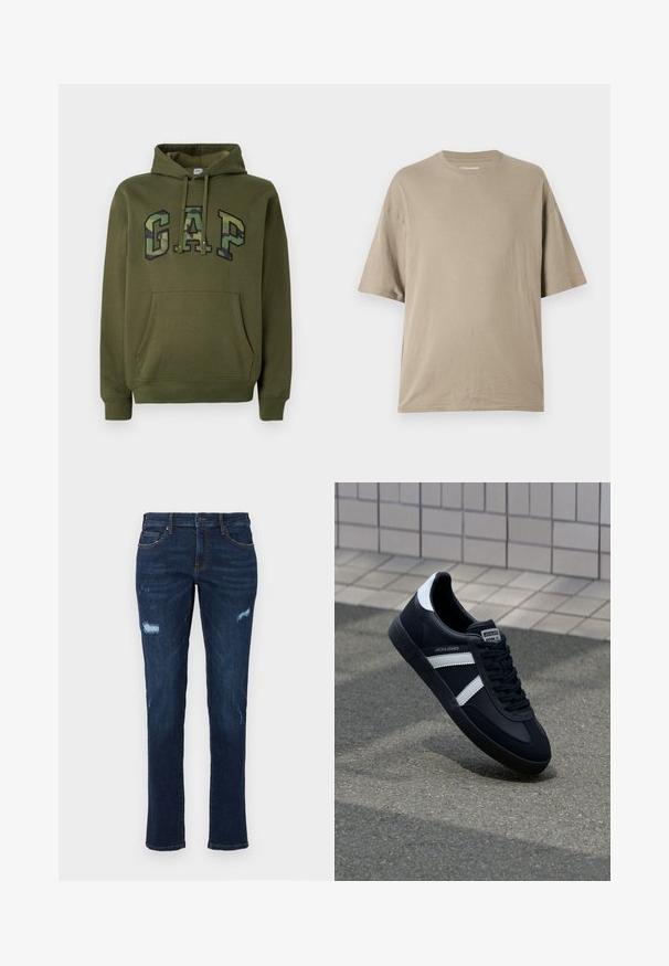 Olivegrüner Hoodie mit frontaler Kängurutasche, Kapuze mit Kordelzug und "GAP"-Logo im Camouflage-Druck über der Brust.; Beige T-Shirt mit kurzen Ärmeln, aus weicher Baumwolle, mit Rundhalsausschnitt und lockerer Passform, glatter Textur und minimaler Gestaltung.; Dunkelblaue Denim-Jeans im geraden Schnitt, mit abgetragenen Rissen an den Knien, traditionellen Taschen und sichtbaren kontrastierenden Nähten.; Schwarze Leder-Sneaker mit weißen Streifen, strukturiertem Gummisohle und Schnürung. Verfügt über ein Markenetikett auf der Zunge.