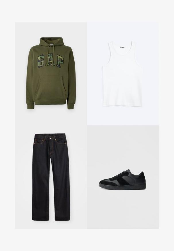Olivegrüner Hoodie mit frontaler Kängurutasche, Kapuze mit Kordelzug und "GAP"-Logo im Camouflage-Druck über der Brust.; Weißes ärmelloses Tanktop mit rundem Ausschnitt und Weekday-Markenetikett auf der Innenseite des hinteren Kragens, flach auf hellem Hintergrund dargestellt.; Herren gerade geschnittene schwarze Jeans aus Denim mit fünf Taschen und orangefarbenen Nähten, Knopf- und Reißverschluss vorne am Bund.; Schwarze Sneaker aus einer Mischung von glattem Leder und Wildleder, mit einer strukturierten schwarzen Gummisohle und dezenten Streifendetails.