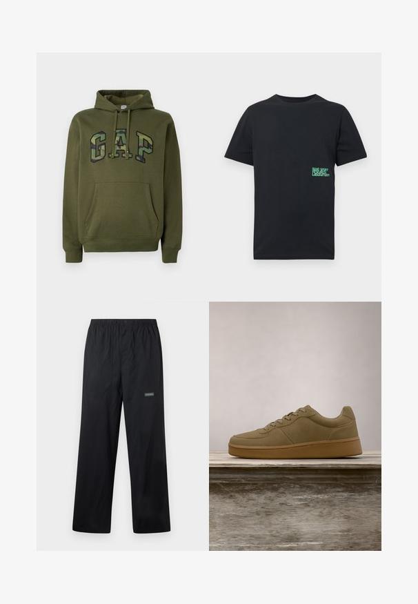 Oliivinvihreä huppari, jossa on etupäivä tasku, säädettävä huppu ja "GAP"-logo camouflage-kuvassa rinnassa.; Musta lyhythihainen T-paita, jossa on pieni vihreä ja valkoinen "Nike Sport Research Laboratory" -teksti vasemmalla puolella vyötärön lähellä.; Mustat kevyet ulkohousut, joissa joustava vyötärönauha, etunappi, kaksi etutaskua ja pieni Columbian logo oikeassa reisessä.; Oliivinvihreä nauhakenkä leijumassa puisella penkillä, taustalla sumennettua vihreää kasvillisuutta.