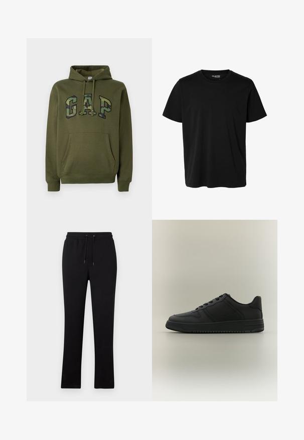 Olivegrüner Hoodie mit frontaler Kängurutasche, Kapuze mit Kordelzug und "GAP"-Logo im Camouflage-Druck über der Brust.; Schlichtes schwarzes T-Shirt mit kurzen Ärmeln und Rundhalsausschnitt in Herrenform, ohne sichtbare Muster oder Logos auf der Vorderseite.; Schwarze Jogginghose mit geradem Bein, elastischem Bund mit Kordelzug und ohne sichtbare Muster oder Akzente.; Schwarzer Sneaker mit niedrigem Schaft, strukturierten Paneelen, Schnürverschluss und dicker Sohle vor neutralem grauem Hintergrund.
