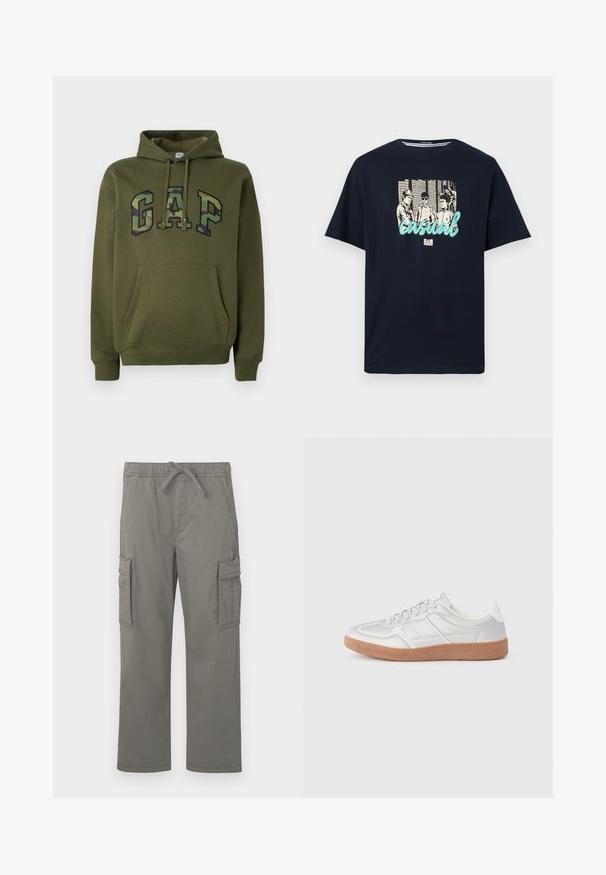 Oliivinvihreä huppari, jossa on etupäivä tasku, säädettävä huppu ja "GAP"-logo camouflage-kuvassa rinnassa.; Laivastonsininen T-paita, jossa on vintage-tyylinen mustavalkoinen kuva kolmesta henkilöstä ja rinnan kohdalla vaaleansinisin kirjaimin sana "casual".; Housut cargo suora lahkeilla, harmaat, joissa elastinen vyötärö, naru, sivuilla pala-taskut ja etupuolella viilto-taskut esitelty valkoisella taustalla.; Hopeasuudet hopeanväriset, sileäpintaiset, nauhakiinnityksellä, reikäkohdistuksilla ja kuvioidulla ruskealla kumipohjalla.